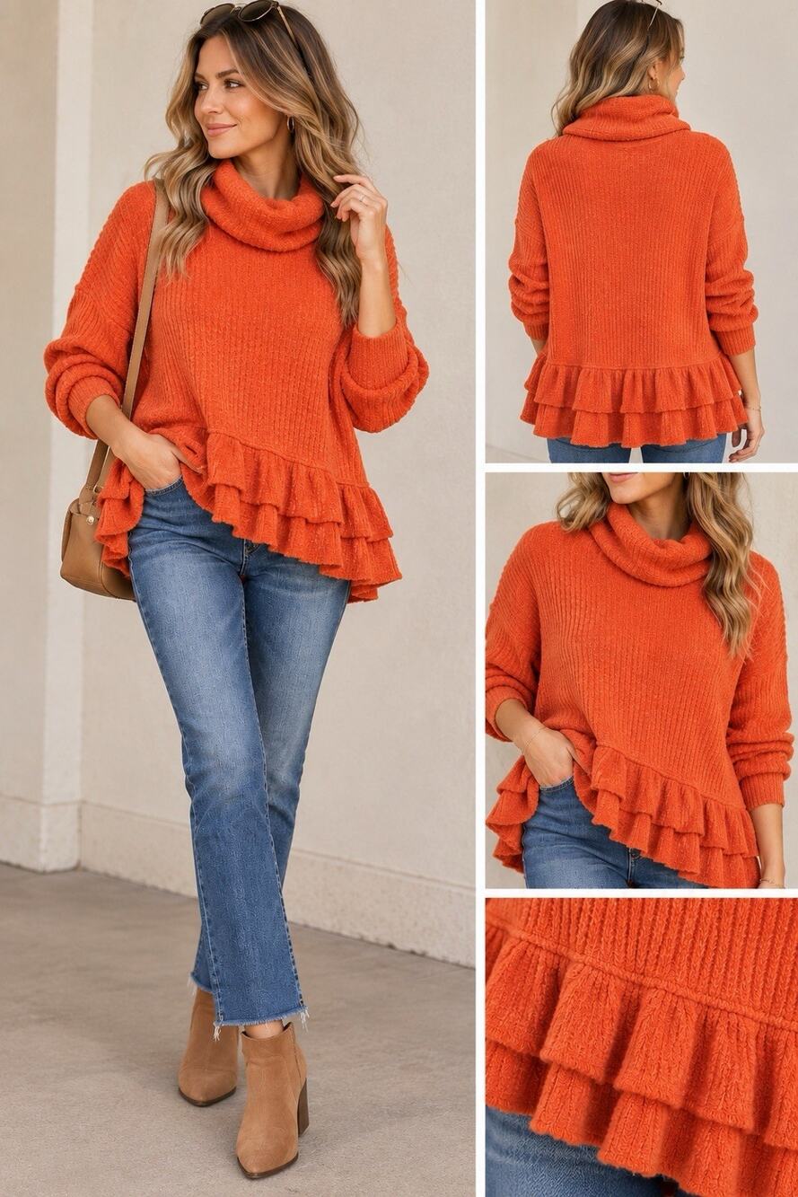 Anthropologie Maeve Winterscape Rivers Cowl Neck Sweater Orange Ruffle Hem